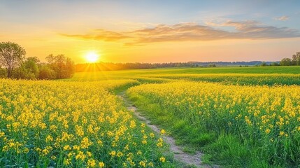 Golden sunset over a vibrant rapeseed field