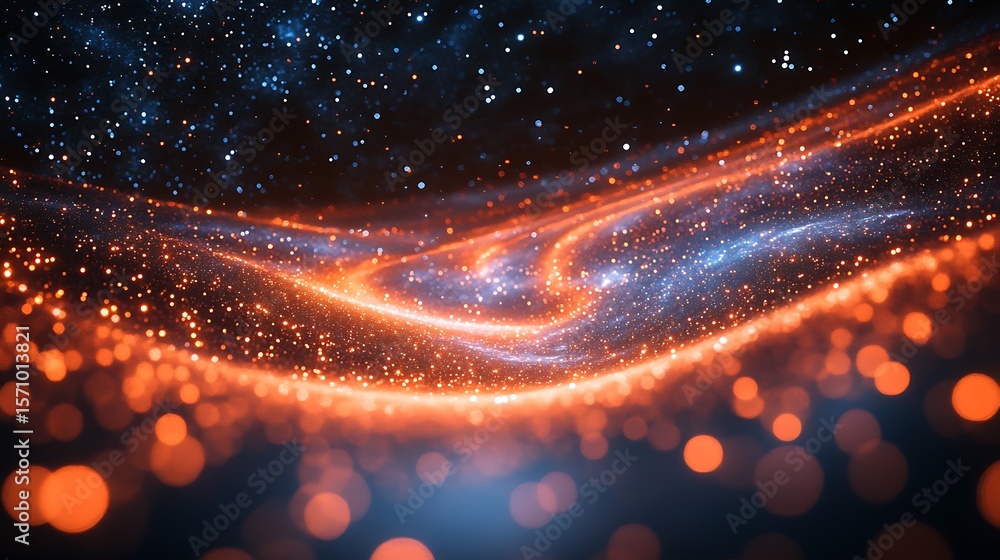 Poster abstract cosmic background with orange and blue glowing particles creating a flowing, ethereal wave 