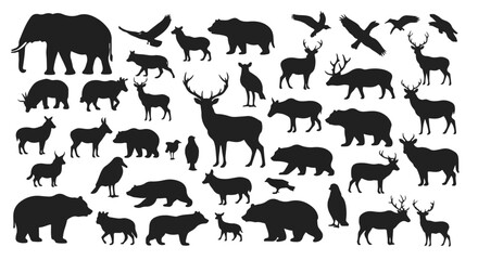 Wild animals silhouette set showcases diversity of wildlife, including mammals, birds and herbivores in vector format.