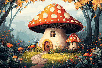 Nature landscape scene background featuring a mushroom house illustration.