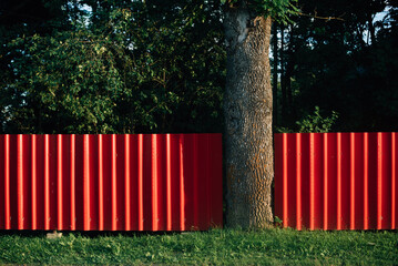 Red iron fence in the village