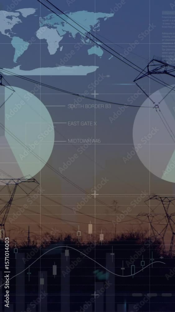 Poster animation of statistical data processing over network towers against sunset sky