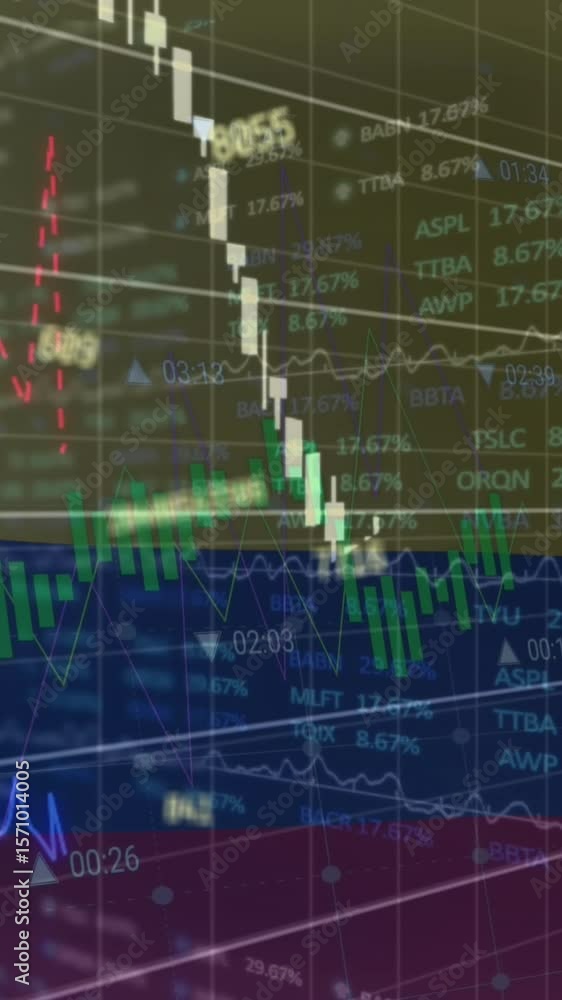 Poster animation of changing numbers and stock market data processing against colombia flag in background