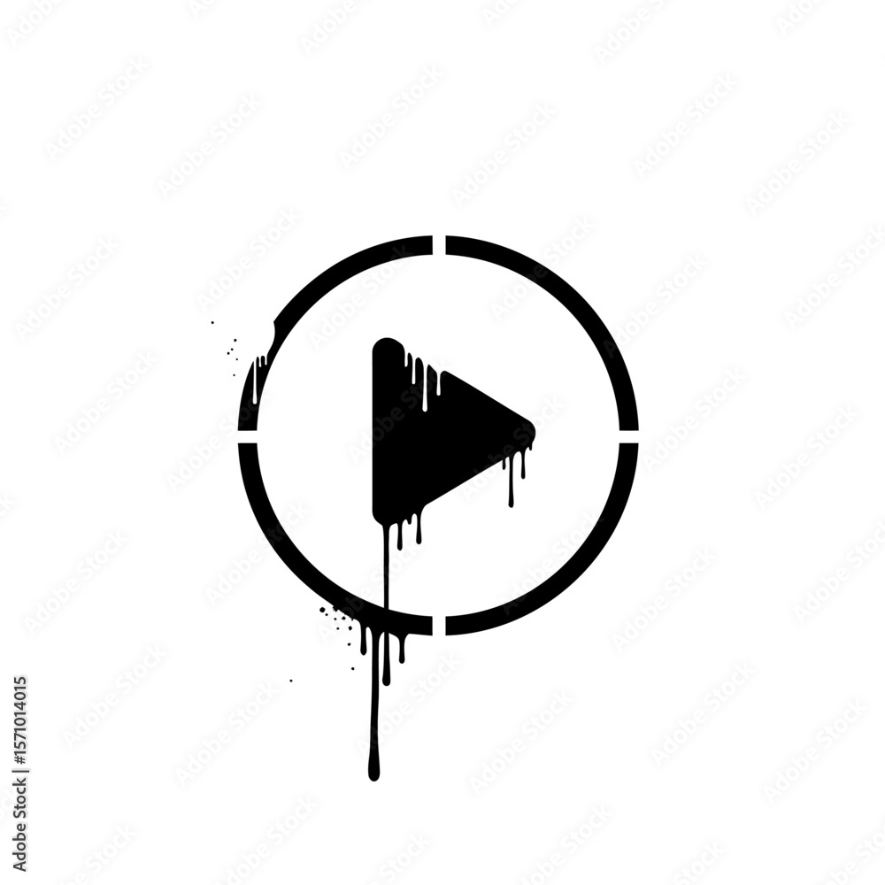 Poster black play button with dripping paint inside a segmented circle