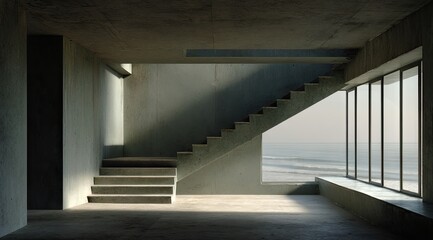 Obraz premium Minimalist interior with concrete stairs ascending towards a large window showcasing a tranquil ocean view, bathed in soft, natural light