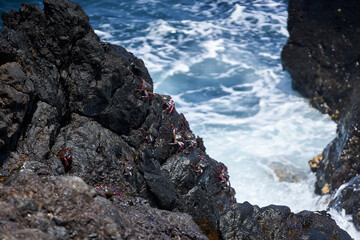 Waves hitting volcanic shoreline