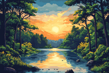 Forest landscape scene with a river and numerous trees illustration.
