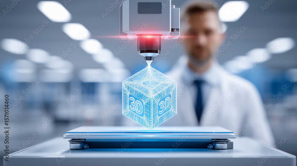 Poster 3d printer operates to produce a holographic cube in high-tech laboratory. clean, modern space with 
