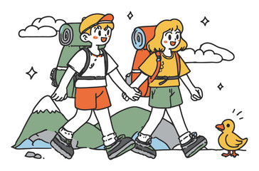 Flat Vector Illustration of a Camping Scene on a Hill with Tents and Nature