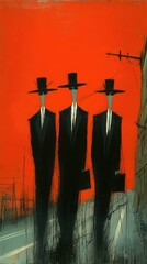 Three figures in suits and hats on a street, red sky, city background