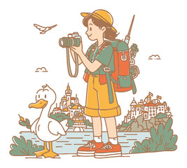 Young Woman with Camera and Duck in Colorful Vector Illustration Scene