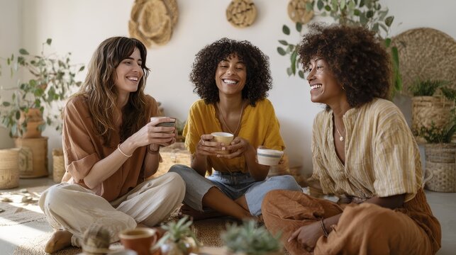 Joyful gathering of three diverse friends sharing coffee and laughter indoors