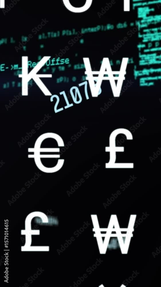 Poster animation of multiple currency symbols and changing numbers over data processing on black background
