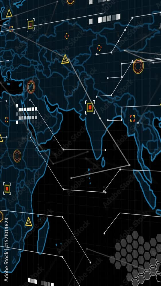 Poster animation of data processing over world map against black background