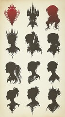 Silhouettes of profiles including crowns, castles, and hair details on an aged background