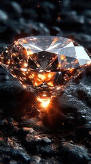 Sparkly gem on dark rock. Bright orange light glows below, reflecting