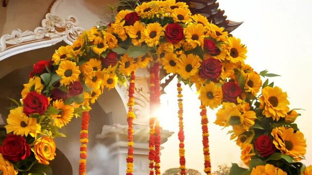 Traditional Indian floral garland toran made of marigold or zendu flower decorated temple 