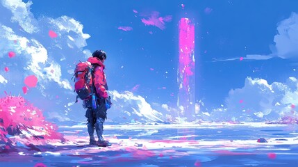 Hiker gazes at a luminous pink tower, amidst a blue landscape and scattered cherry blossoms