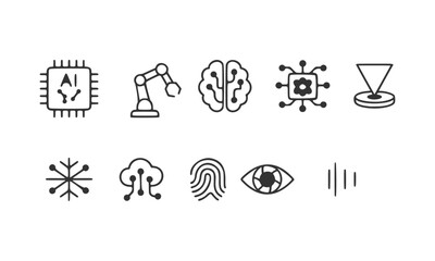 Minimal Line Icons of Artificial Intelligence and Biometric Technology – AI, Neural Chip, Fingerprint, Eye Scan, Robotics