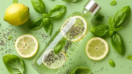 Vibrant detox flat lay with lemon mint infused water bottle and fresh basil on green background