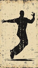 Jumping Man Silhouette against distressed beige backdrop with vertical lines and aged texture