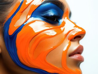 Woman with blue and orange paint swirling across face. Bright, creative, artistic makeup
