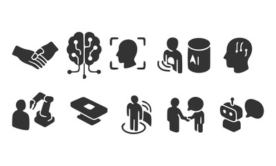Artificial Intelligence and Human Interaction Icons – AI, Facial Recognition, Neural Network, Chatbot, Digital Communication