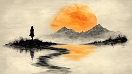Woman overlooking mountains beneath the sun reflecting in the water in digital painting style
