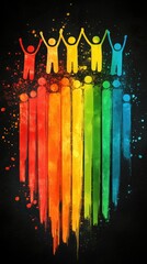 Colorful group raising arms, streaks below. United figures stand together in vivid hues on dark backdrop
