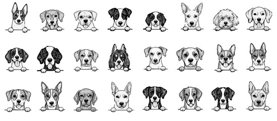 Black and white drawing showcases diverse dog breeds gazing over an edge, a whimsical canine illustration for pet lovers, silhouette