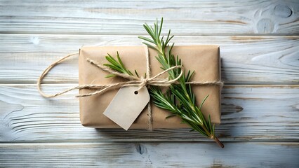 A rustic gift wrapped in brown paper, tied with twine, and adorned with fresh rosemary sprigs, rests on a wooden table