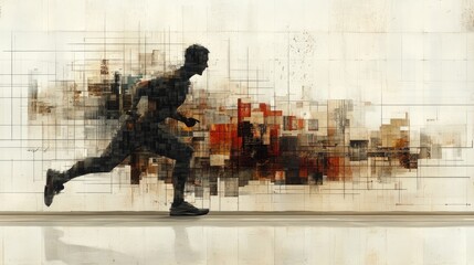 Man runs with fractured, abstract city background