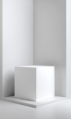Fototapeta premium Minimalist white cube on platform in corner niche, clean lines, simple, studio lighting, geometric, blank space