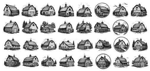 Variety of black and white barn structures showcases rural architecture and farming landscapes in detailed etchings, silhouette
