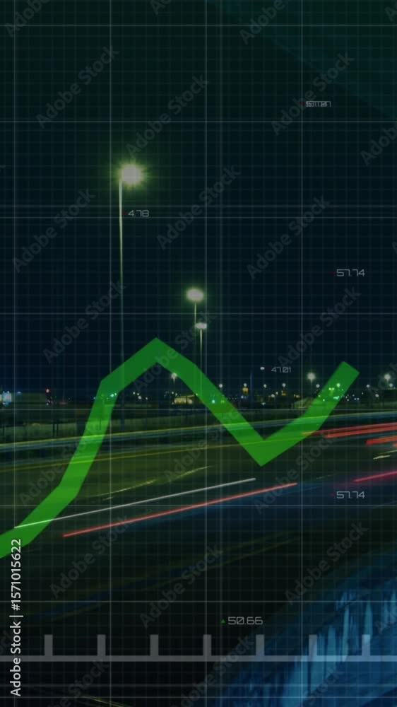 Poster animation of line graph with changing numbers over time-lapse of vehicles moving on bridge at night