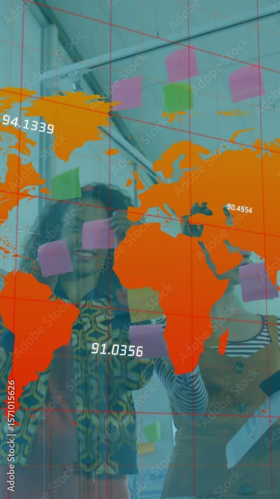 Poster animation of world map against diverse colleagues discussing over memo notes at office