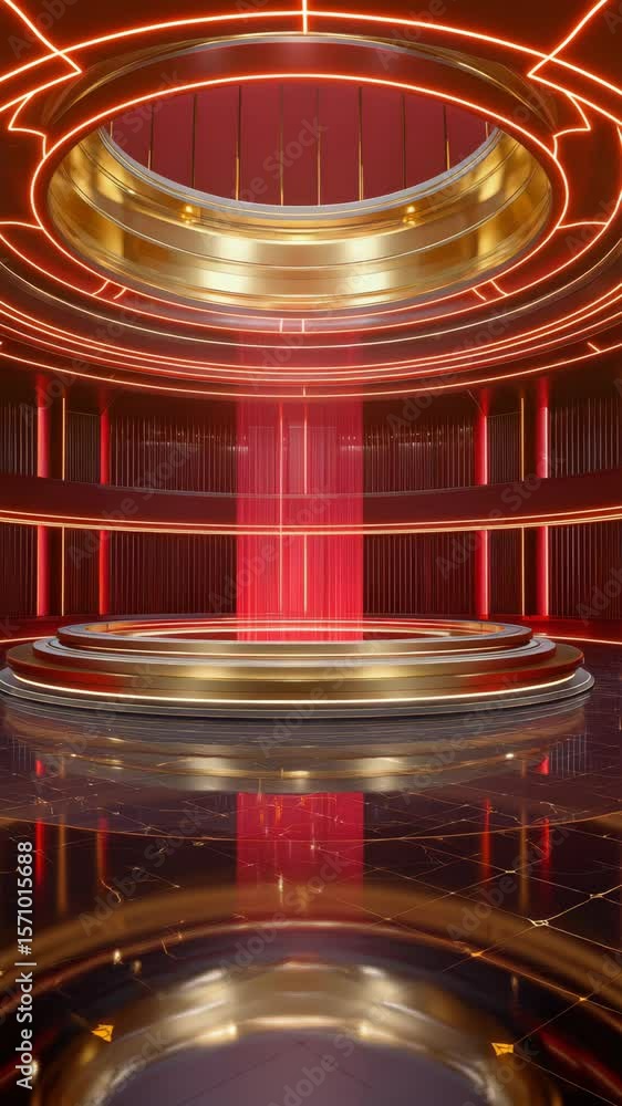 Poster modern stage design with circular gold structure and vibrant red lighting in reflective environment