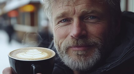 Mature man enjoys a warm beverage with decorative latte art in a black mug