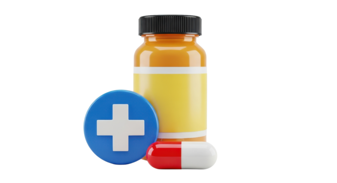 3D Render of Pharmaceutical Medicine Bottle, Red Capsule Pill, and Blue Medical Cross Icon Isolated