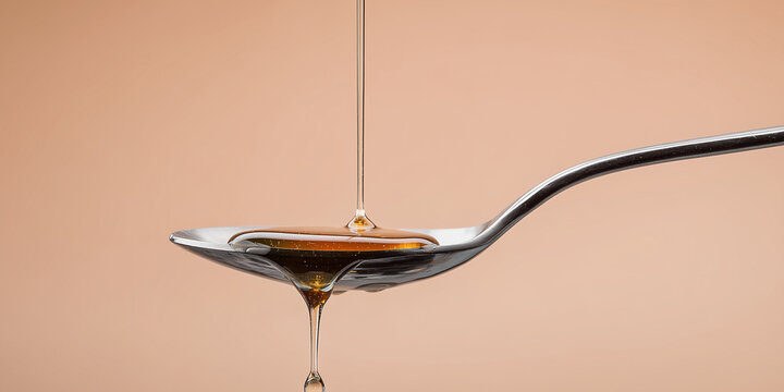 Small drop of honey frozen mid-drip above silver spoon against pale peach background - Powered by Adobe