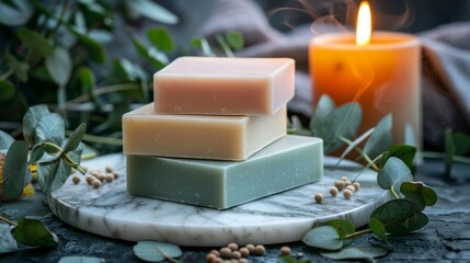 Handcrafted pastel soaps on marble tray with candle and eucalyptus leaves for a spa like ambiance