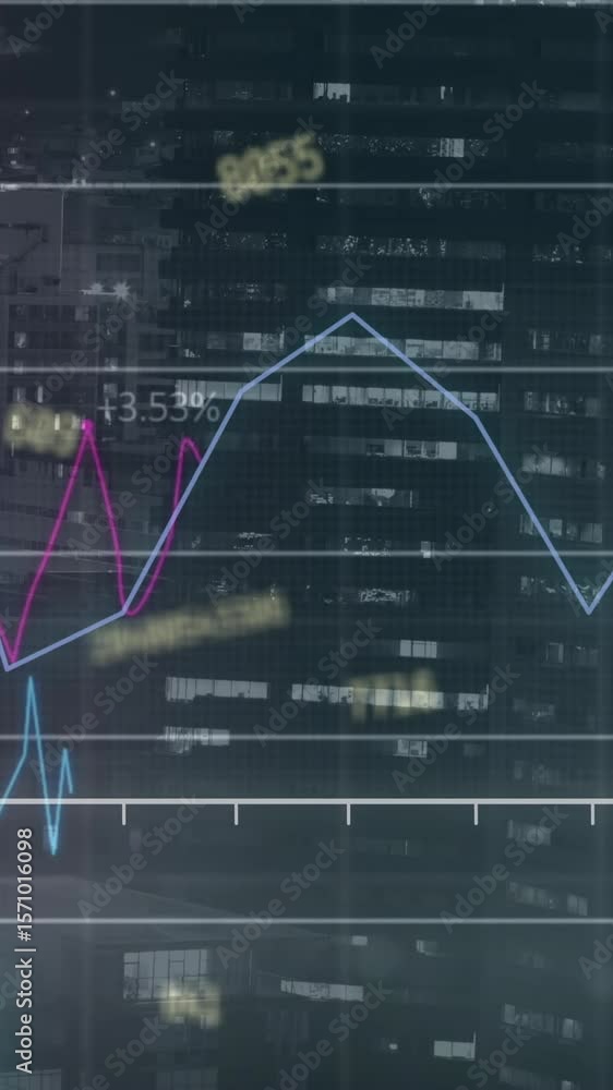 Poster animation of multiple graphs and changing numbers over illuminated buildings in background