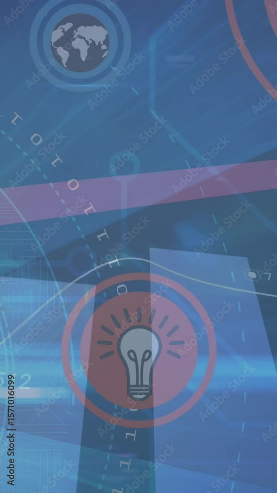 Poster animation of floating icons in circles over graphs, arrow, binary codes against abstract background
