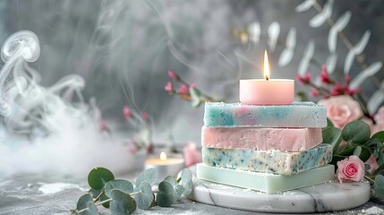 Handmade pastel soaps on marble tray with candle and eucalyptus for a relaxing spa ambiance