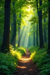 Obraz premium Tranquil Sun-Dappled Forest Path Winding through Lush Green Canopy, Perfect for Relaxation and Nature Photography