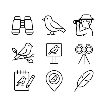 Birdwatching and birding activity icons set. Outline symbols. Line design