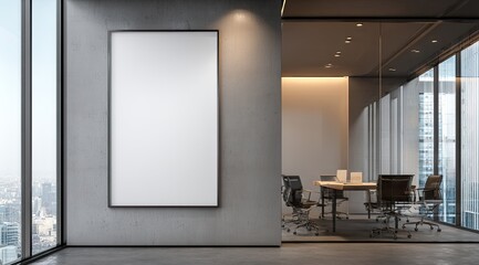 Modern office with large blank vertical poster on exposed concrete wall, glass-walled meeting room, city view