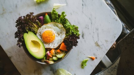 Healthy food bowl with avocado, egg, and vegetables on white marble table, top view