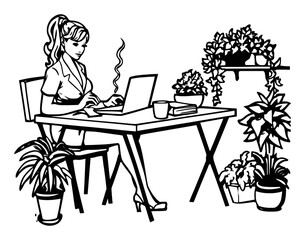 Stylish Woman Working at Desk Surrounded by Indoor Plants and Coffee Cup