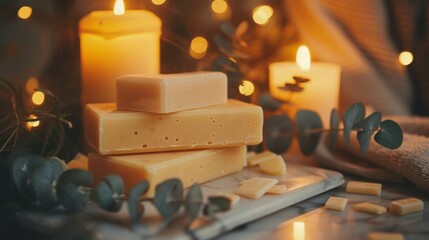 Handmade pastel soaps on marble tray with candle and eucalyptus in a relaxing spa setting